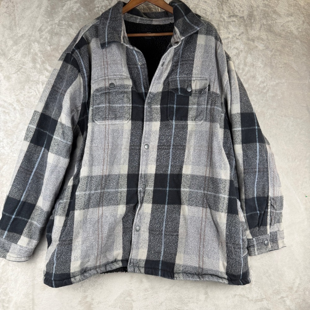 O'Neill Mens 2XLT Plaid Flannel Shirt Jacket Sherpa Lined Grey Black Snap Front